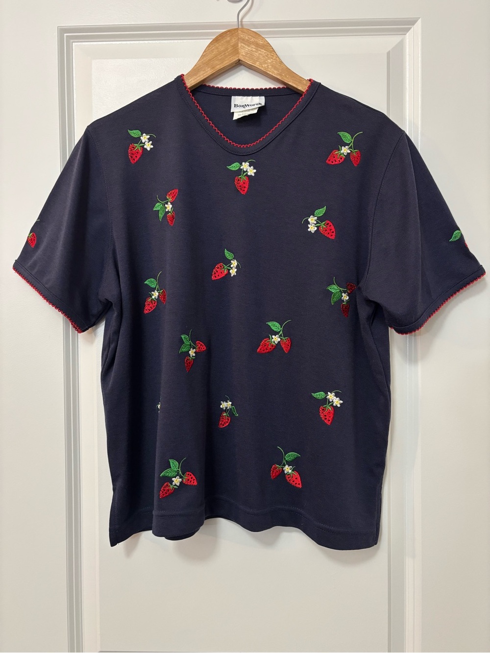 Bonworth Navy Embroidered Strawberry Short Sleeve Top, Size SP